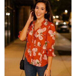Anthropologie Doe and Rae Silky Floral Orange Blouse Top Women’s Size Medium